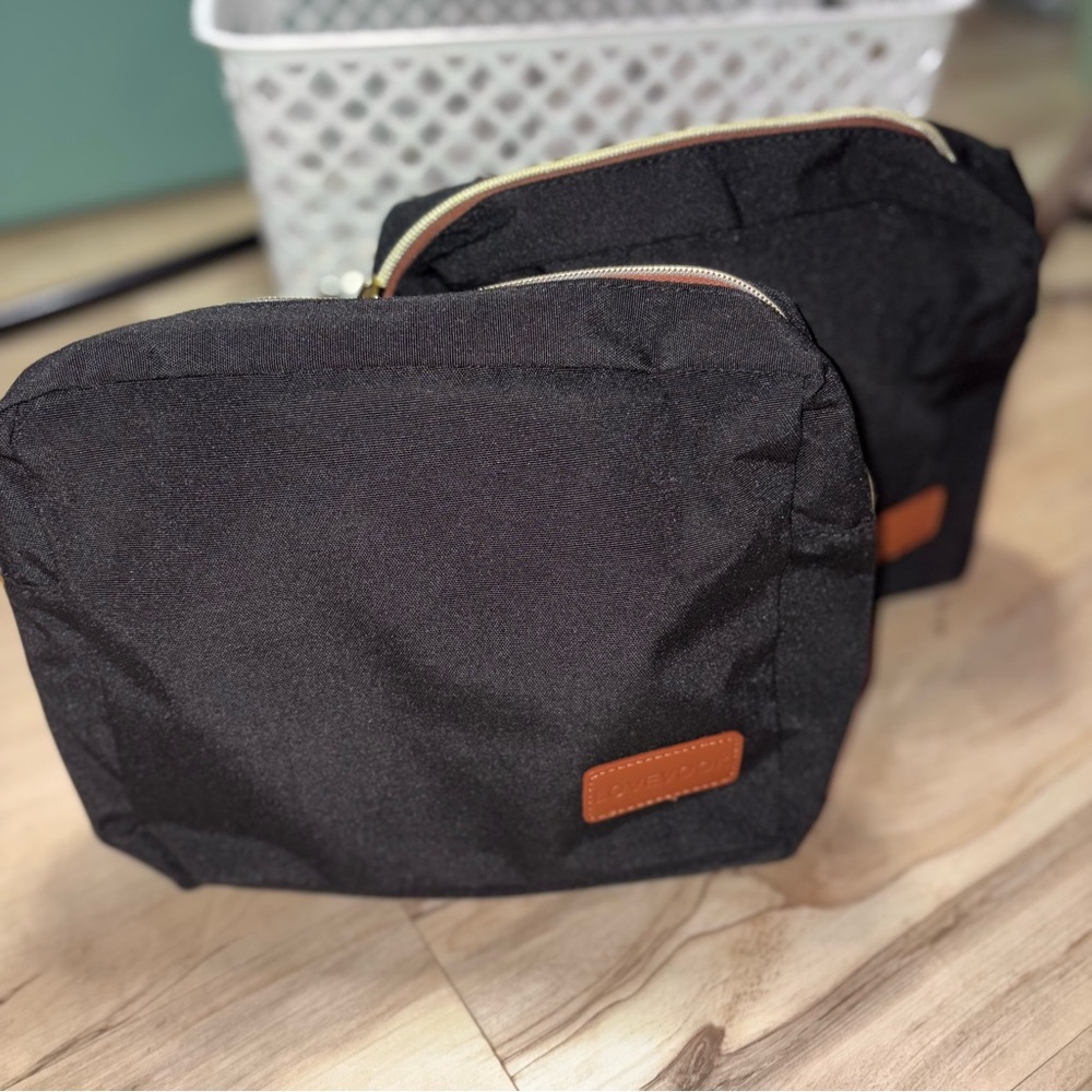 Black Cosmetic Toiletries Pouch Set with Brown and Gold Accents